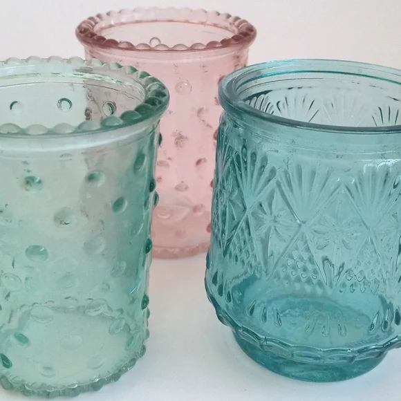Vintage Shabby Chic Pink Sea Green and Aqua Blue Candle Glass Votives Set of 3 - Picture 8 of 11